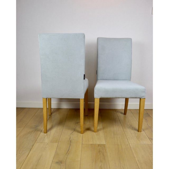 Set of 2 vintage Ikea oak chairs after renovation, in blue, celadon and grey colours. Two fully restored designer oak...