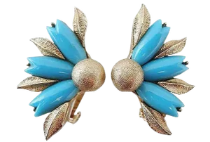 Vintage 1950s Signed Ciner Faux-Turquoise Rhinestone Flower Clip Earrings - 2 Pieces