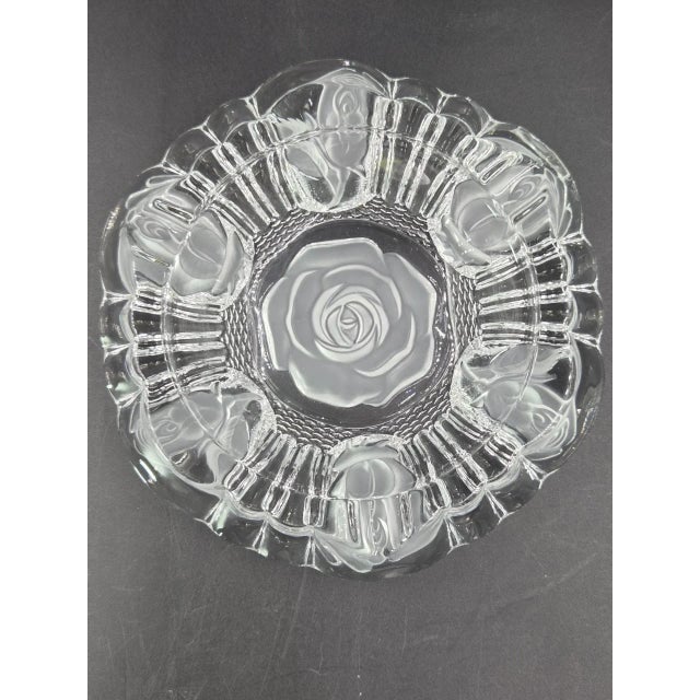 This beautiful vintage heavy glass trinket dish features a frosted rose design in the center of the dish and on the...