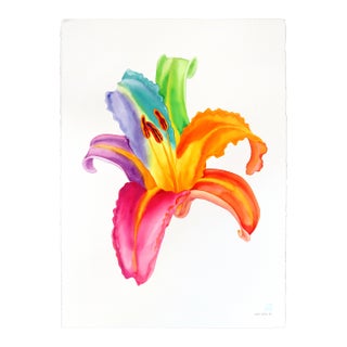 Rainbowland Daylily - Original Blue and Yellow Floral Watercolor Painting on Paper by Xiao Wen Xu For Sale