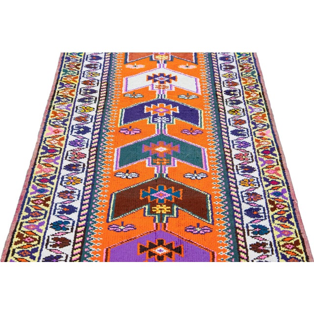 Tribal Orange Vintage Turkish Handmade Multicolor Tribal Designed Wool Runner For Sale - Image 3 of 11