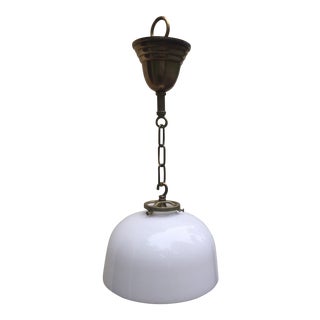 Vintage Brass Hanging Fixture With Vintage Milk Glass Shade For Sale