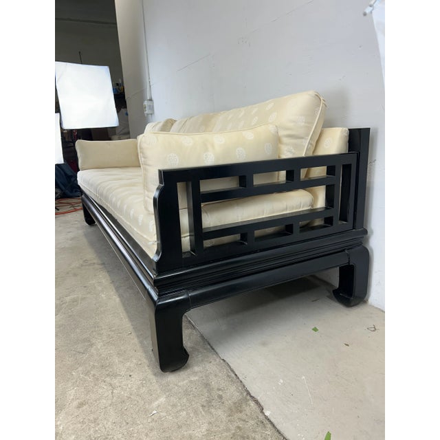 Paint Chinoiserie Ming Inspired Black Lacquer Sofa With Vintage Upholstery For Sale - Image 7 of 12