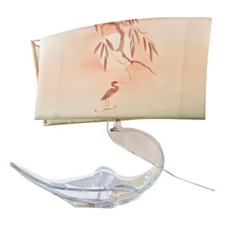 Vintage Table Lamp with Crystal Bowl, Heron and Sun Shade, 1970s For Sale