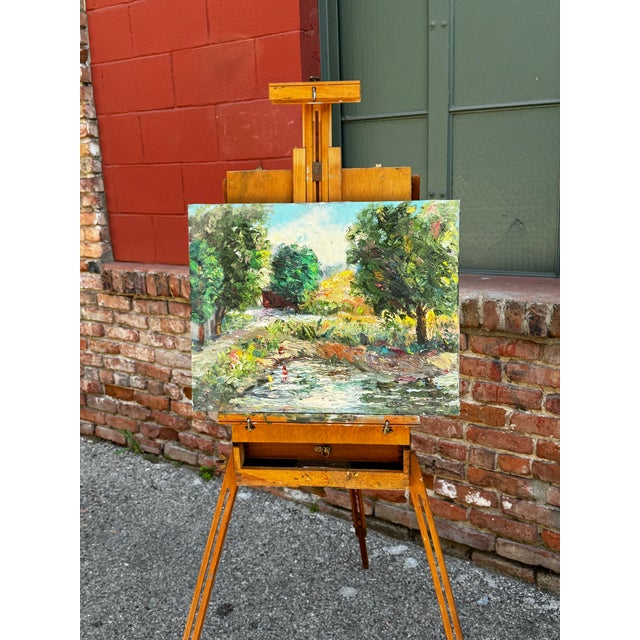 Dark Green Vintage 1960's Oil Painting French Garden - Unknown Artist For Sale - Image 8 of 8