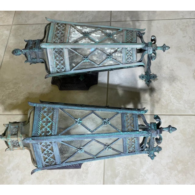 Metal 1980s Large Pair of Handcrafted Wall-Mounted Solid Brass Lanterns / Sconces For Sale - Image 7 of 18