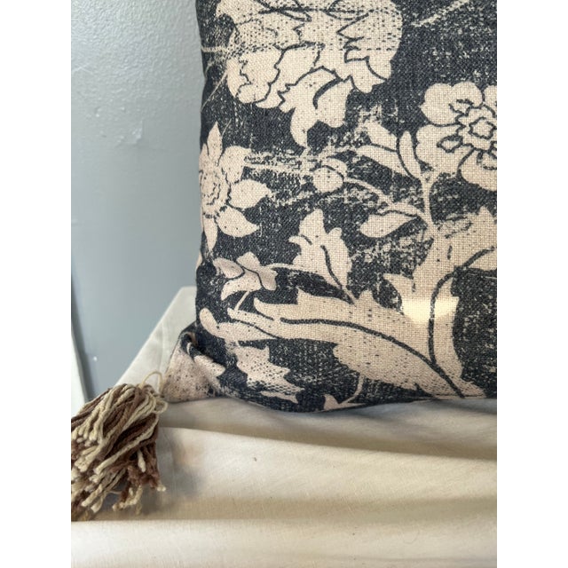 Blue and Off-White Decorative Tasseled Throw Pillow With Distressed Damask Pattern For Sale - Image 4 of 10