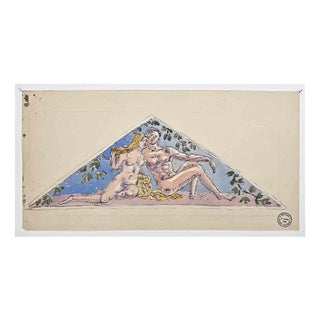 Gaston Touissant, Nude Adam and Eve, Early 20th Century, Pencil and Watercolor For Sale