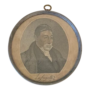 Antique Early 19th Century Small Federal American Classical Pocket Mirror With Portrait Engraving of Lafayette Circa 1800
