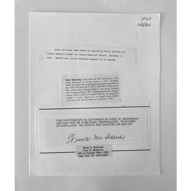 American Fred McDarrah, Vintage Signed Silver Gelatin Photograph Beat Poet Peter Orlovsky Beatnik Photo, 1964 For Sale - Image 3 of 4