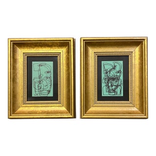 Contemporary 2 Original Wayne Cunningham Abstract Marker Drawings Chunky Gold Frames-a Pair For Sale