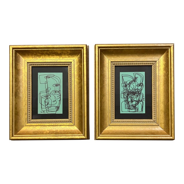 Contemporary 2 Original Wayne Cunningham Abstract Marker Drawings Chunky Gold Frames-a Pair For Sale