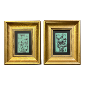 Contemporary 2 Original Wayne Cunningham Abstract Marker Drawings Chunky Gold Frames-a Pair