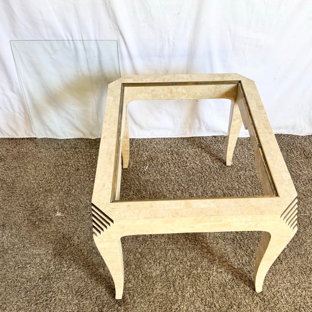 Metal Postmodern Tessellated Stone and Brass Glass Top Side Table For Sale - Image 7 of 10
