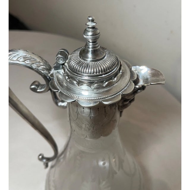 Antique 1800's Ornate Silverplate Etched Crystal Glass Wine Claret Decanter For Sale - Image 11 of 13