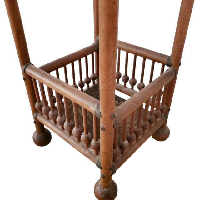 Wood Antique Victorian Oak Stick & Ball Umbrella & Cane Stand With Original Brass Drip Tray For Sale - Image 7 of 12
