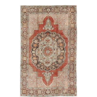 Antique Turkish Oushak Rug With Floral Medallion in Red, Charcoal and Cream For Sale
