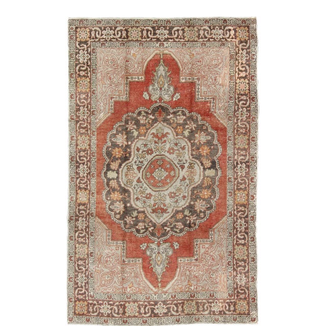 Antique Turkish Oushak Rug With Floral Medallion in Red, Charcoal and Cream For Sale