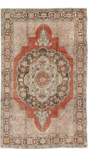 Antique Turkish Oushak Rug With Floral Medallion in Red, Charcoal and Cream