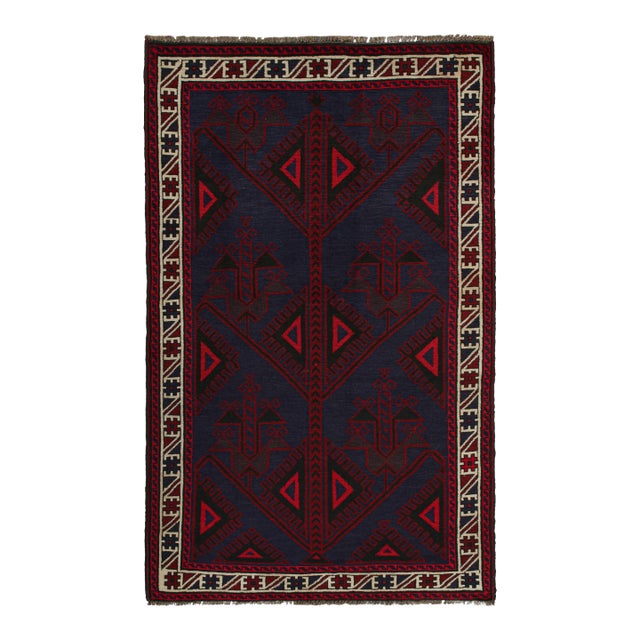 1950s Vintage Baluch Tribal Rug in Red & Navy Blue Patterns by Rug & Kilim For Sale