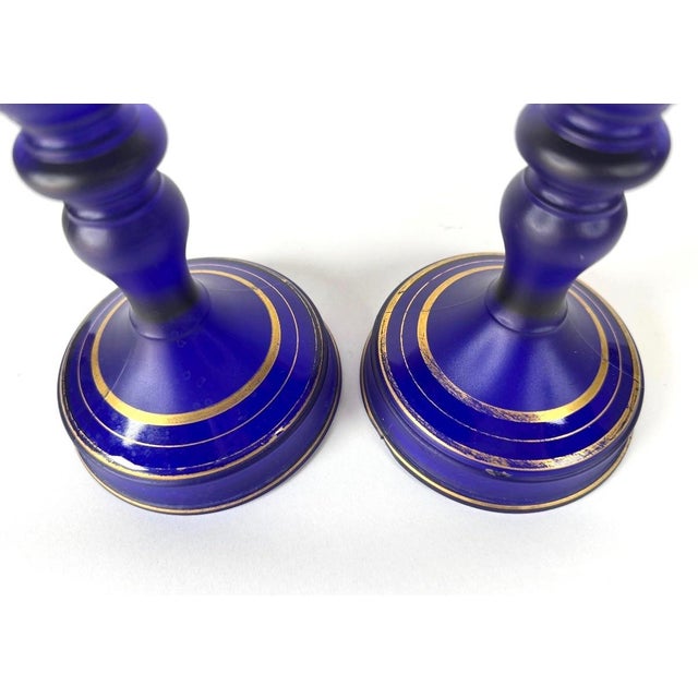1930s Art Deco Cobalt Blue Satin Glass Candlesticks & Centerpiece Bowl Set For Sale - Image 4 of 8