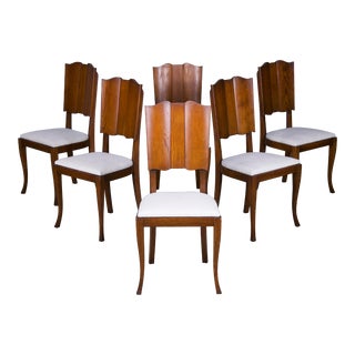 1930s French Art Deco Oak Dining Chairs W/ Off-White Chenille - Set of 6 For Sale