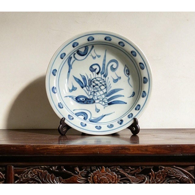 Art Deco Chinese Ceramic Plate,Blue and White Porcelain Plate Hand Painted Flowers and Birds Pattern For Sale - Image 3 of 11