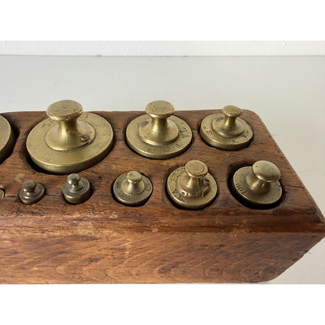 19th Century Antique French Brass Scale Weight Set With Original Wood Box For Sale - Image 4 of 12