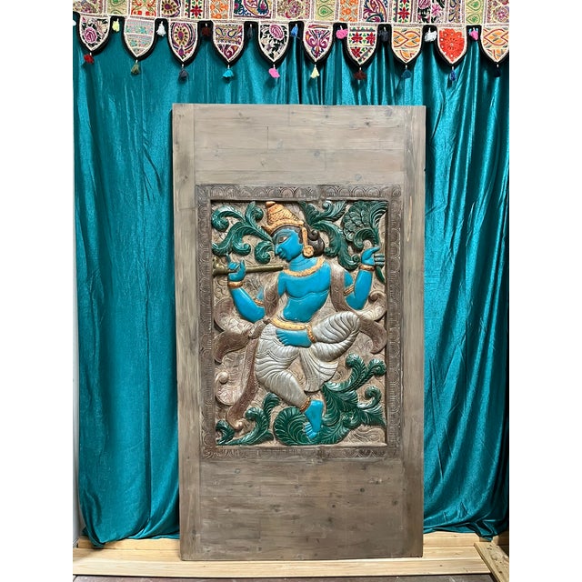 Vintage Indian Carved Barn Door, Blue Krishna Wall Sculpture, Temple Wall Art 78.5 For Sale In Orlando - Image 6 of 7