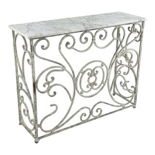 Vintage French Country Whitewashed Wrought Iron Console Table With Marble Top For Sale