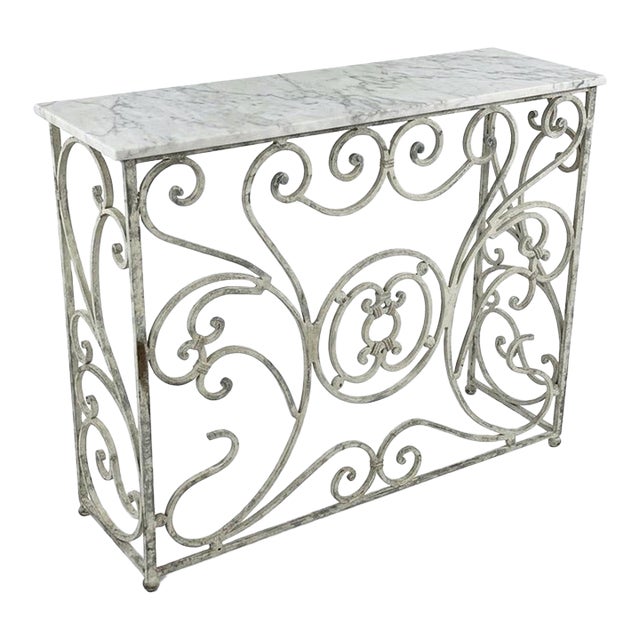 Vintage French Country Whitewashed Wrought Iron Console Table With Marble Top For Sale