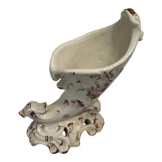 Vintage Italian Hand-Painted Majolica Cornucopia Vase | Rococo Floral Ceramic Cachepot | Made in Italy For Sale