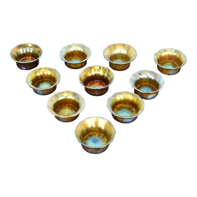Louis Comfort Tiffany Favrile Iridescent Art Glass Salt Cellars, Set of Ten For Sale