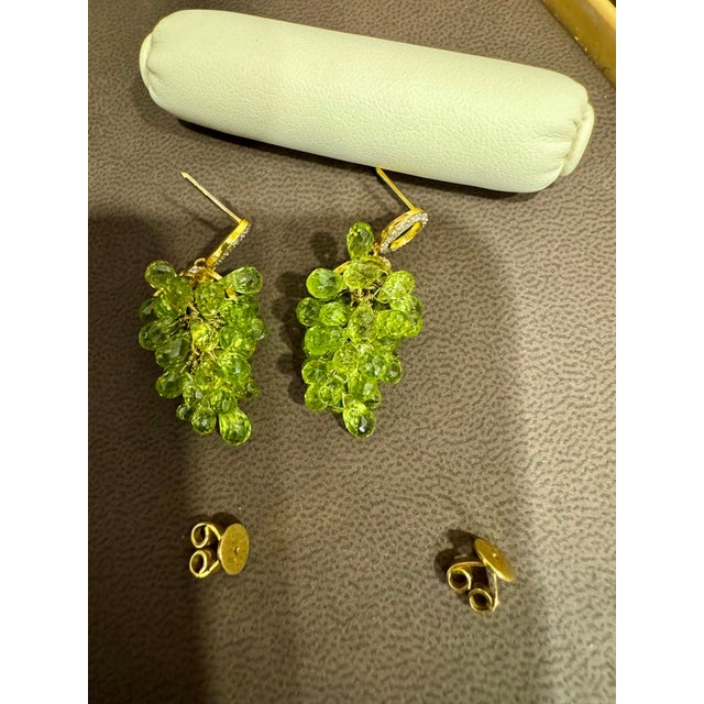 Arts & Crafts Natural Peridot Briolette and Diamond Hanging Earrings 18 Karat Yellow Gold For Sale - Image 3 of 18