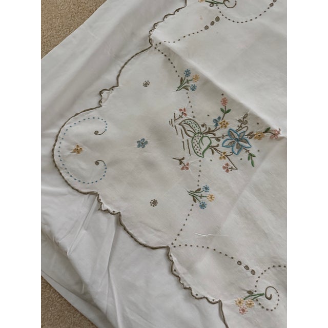 Traditional 1970s Exquisite 40 X 40" Hand embroidered with scalloped edge tablecloth from Madeira Portugal For Sale - Image 3 of 4