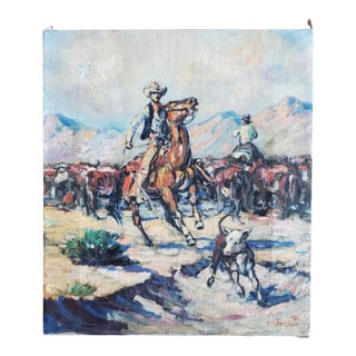 Early 20th Century Unframed Oil Painting by Babcock of Cowboys Herding Cattle For Sale