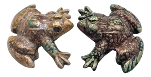 Margie Hughto Studio Signed Iridescent Ceramic Frog Sculptures, Pair, 4"