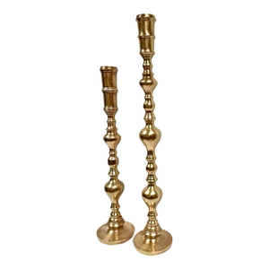 Mid 20th Century Vintage Large Etched Brass Candle Holders - a Pair