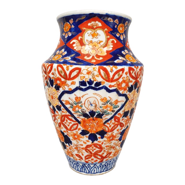 Antique 19th Century Japanese Imari Porcelain Vase— Hand-Painted Cobalt, Iron-Red & Gilt — Ribbed Form For Sale