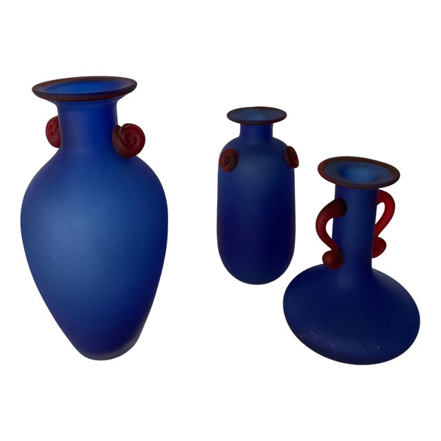 Satin Blue Vases from Franco Moretti, 1990s, Set of 3 For Sale