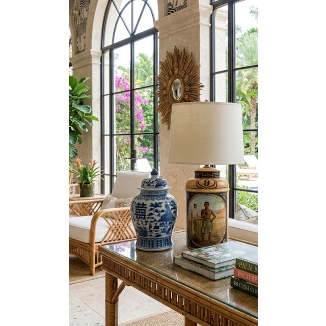 Beige Vintage English Toleware Tea Caddy Table Lamp - Colonial Scene For Sale - Image 8 of 8