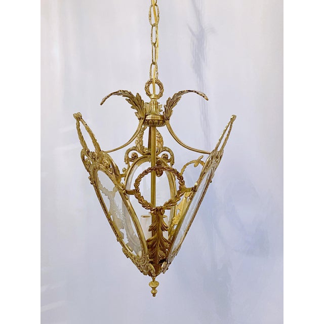 Traditional Vintage Bronze Lantern With Etched Glass Panels For Sale - Image 3 of 10
