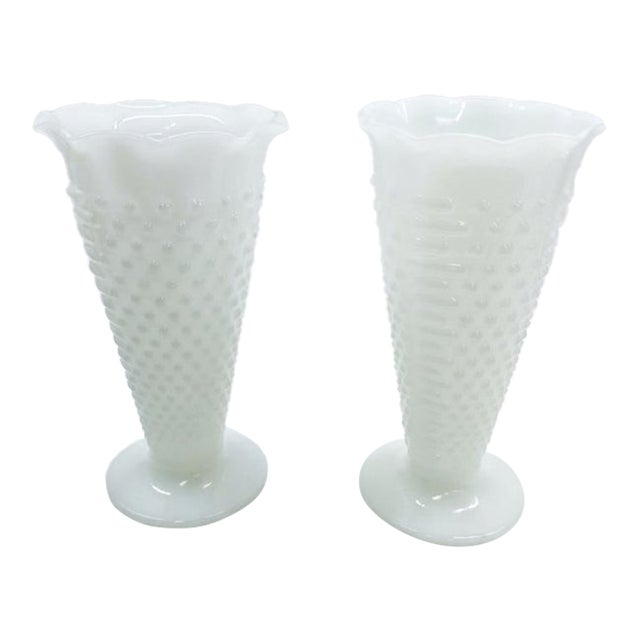 Mid-Century Vintage Fenton Hobnail Milk Glass Vases - Pair For Sale