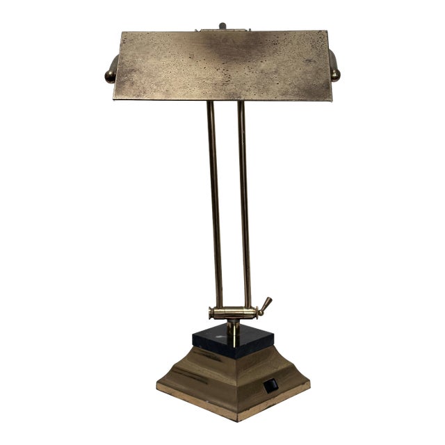 Vintage Traditional Patinated Brass and Black Marble Tabletop Adjustable Desk Lamp For Sale