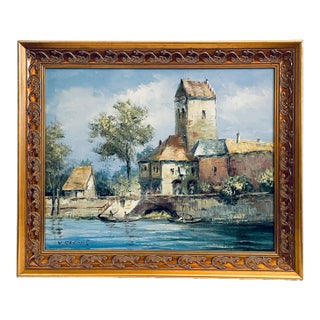 Late 20th Century X Rabous House Boat River and Fishermans Oil on Canvas For Sale