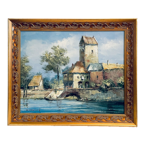 Late 20th Century X Rabous House Boat River and Fishermans Oil on Canvas