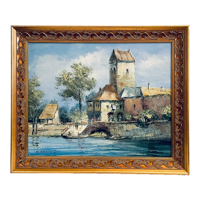 Late 20th Century X Rabous Village Scene River and Fishermans Oil on Canvas For Sale
