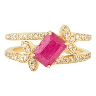 14k Gold Statement Ruby Floral Diamond Clutser Ring Size 5 For Sale