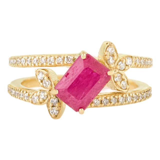 14k Gold Statement Ruby Floral Diamond Clutser Ring Size 5 For Sale