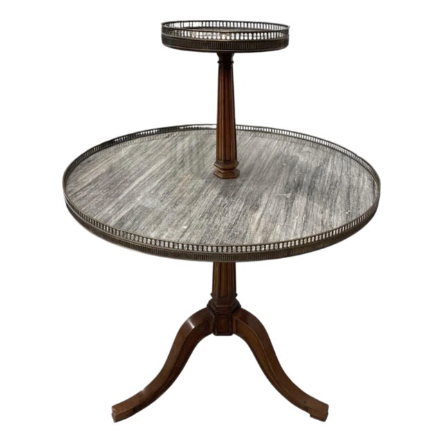 Vintage French Neoclassical Two-Tier Marble & Brass Pedestal Accent Table For Sale